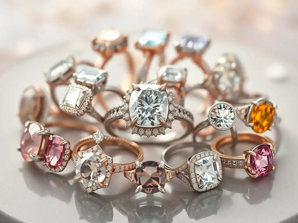 Beautiful collection of engagement rings featuring diamonds and coloured stones.