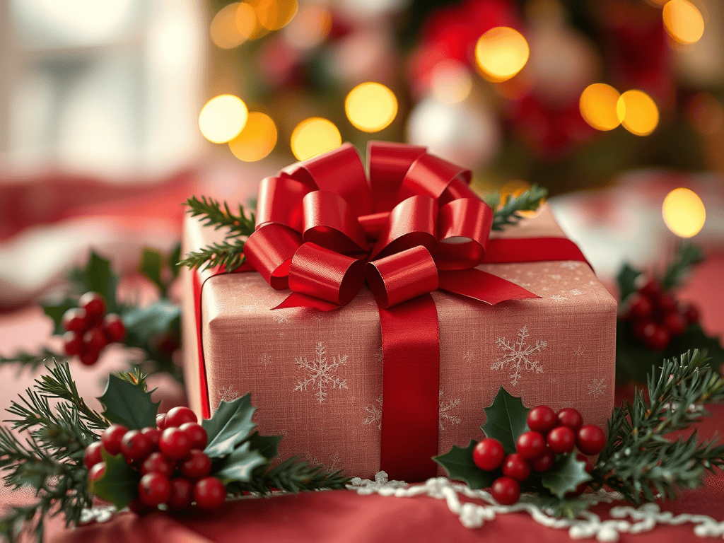 Festive Christmas gift wrapped with red ribbon, surrounded by holly and berries, perfect for toddler.