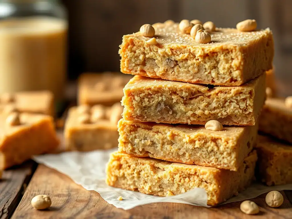 Delicious peanut butter cookie dough bars topped with hazelnuts, perfect for a sweet treat. Easy to.
