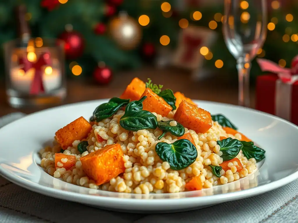 Delicious pearl couscous dish featuring roasted pumpkin and fresh spinach, perfect for a healthy fam.