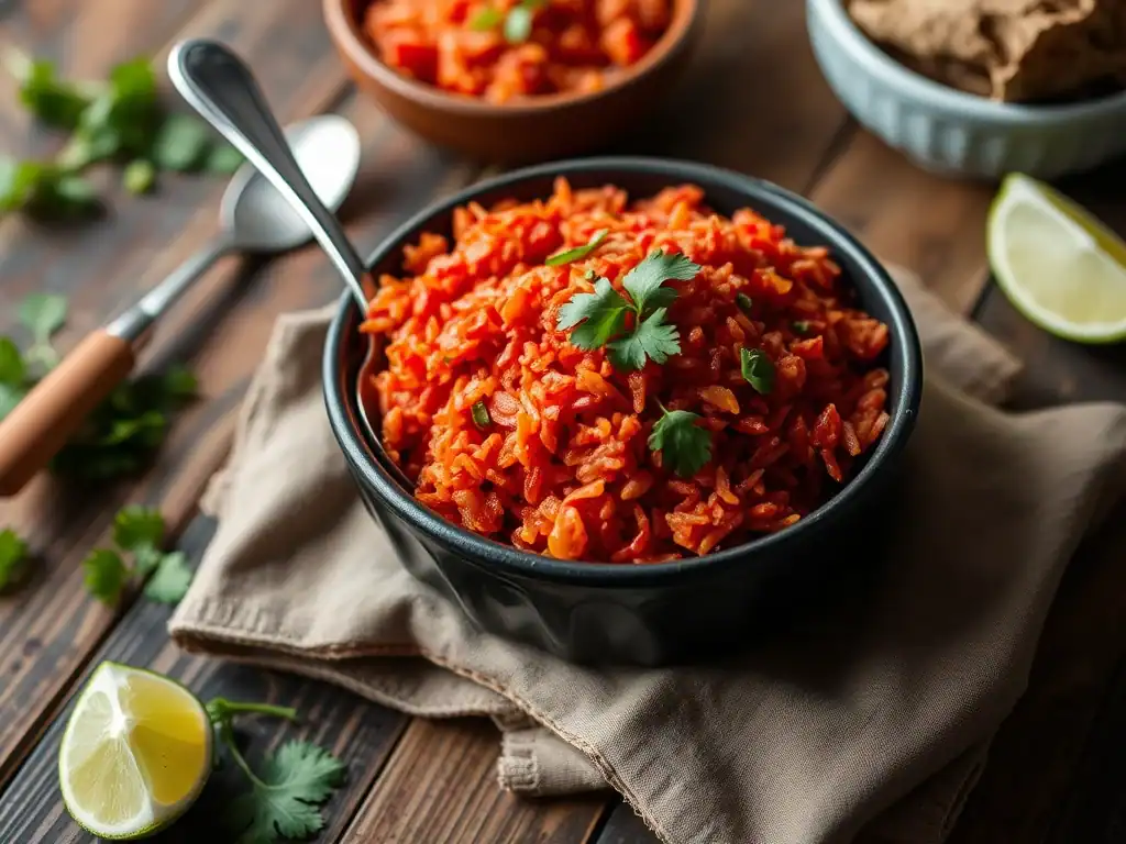 Vibrant Spanish red rice dish garnished with fresh herbs, served in a black bowl. Perfect for a flav.
