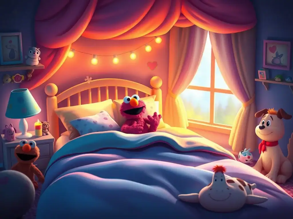 Bright Sesame Street themed kids' bedroom with plush toys and warm lighting for peaceful sleep.