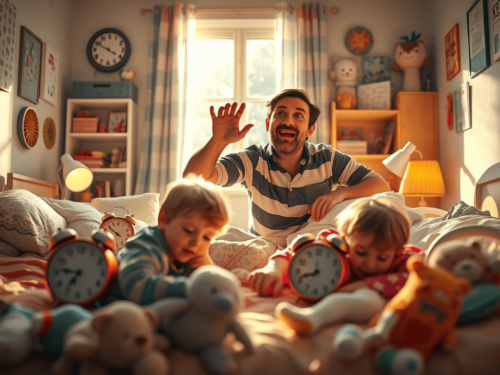 Hilarious scene of a dad trying to wake up kids in the morning, surrounded by toys and alarm clocks.