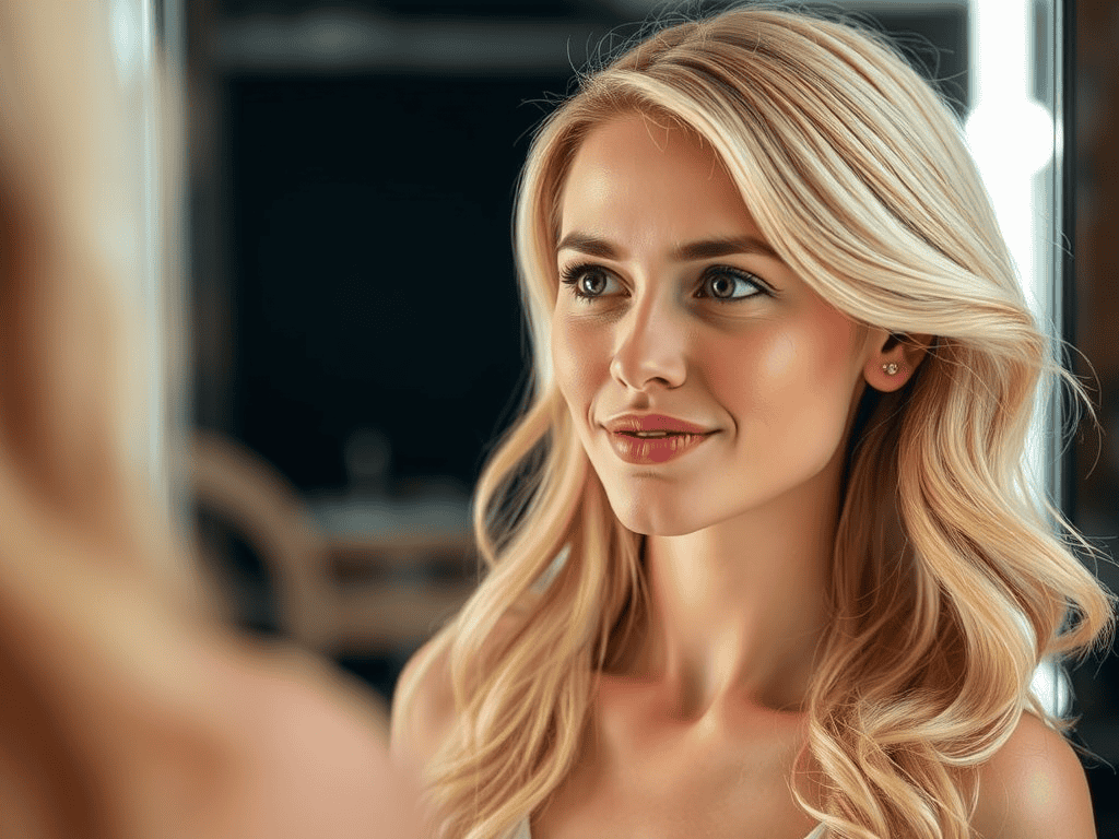 Woman with blonde hair getting hair dye treatment in salon.