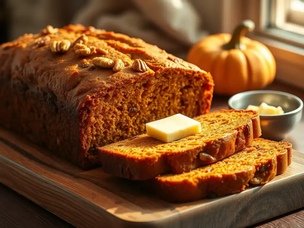 Pumpkin nut loaf with butter on top, perfect for autumn baking.