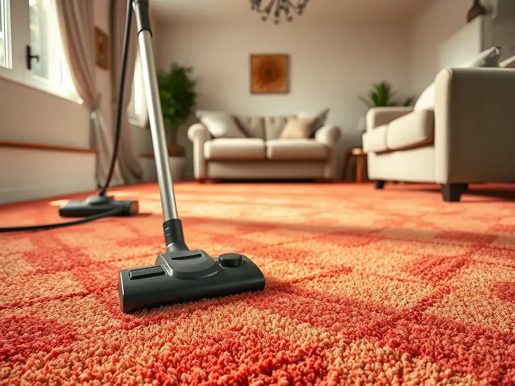 Vacuum cleaner on plush carpet in a bright, inviting living room setting.