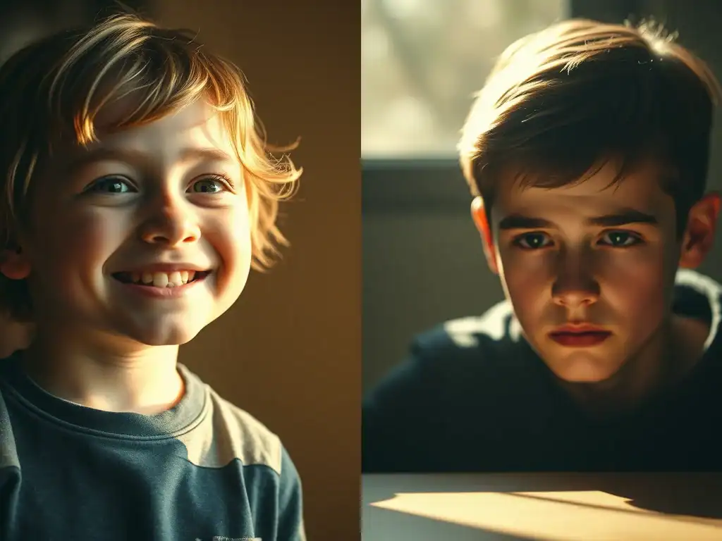 Child smiling with joy, bright eyes, and cheerful expression.