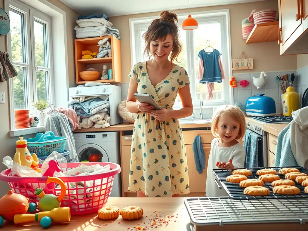 Mother and daughter baking cookies in a bright, cheerful kitchen.