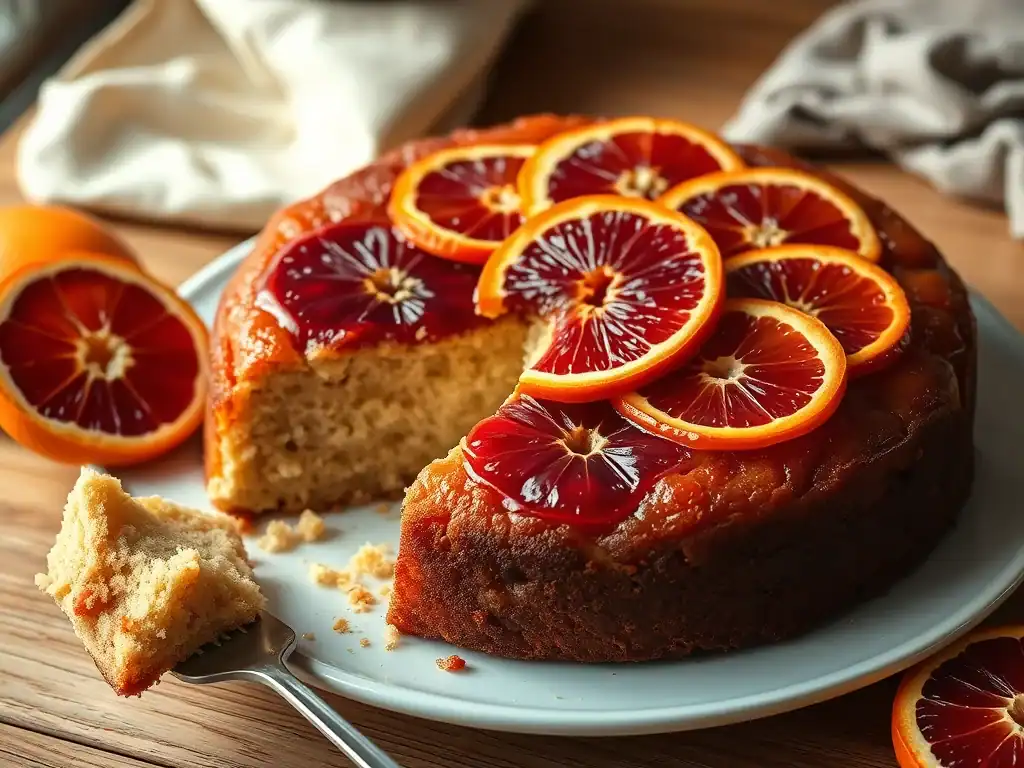 Blood orange upside down cake with caramelised citrus slices on top, perfect for a vegan dessert.