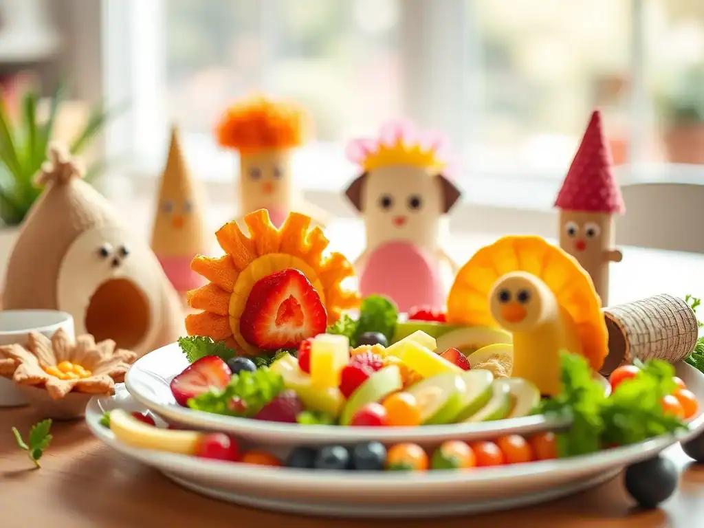 Bright fruit art with strawberries, pineapple, and melon for children’s healthy snacks.