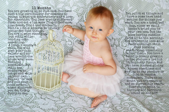 Adorable baby girl sitting on lace blanket with a decorative birdcage, capturing her developmental m.