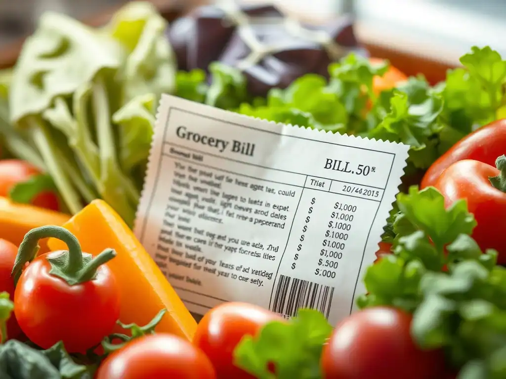 Fresh vegetables surrounding a grocery receipt for budget shopping.