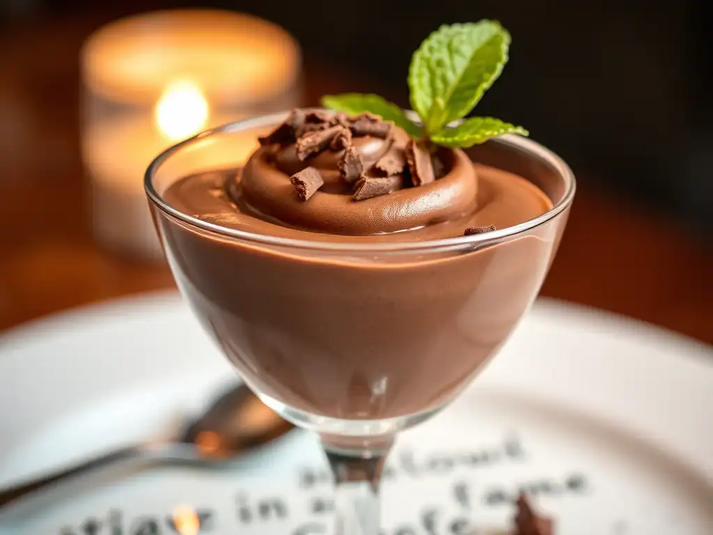 Chocolate mousse in a glass with chocolate shavings and mint garnish.