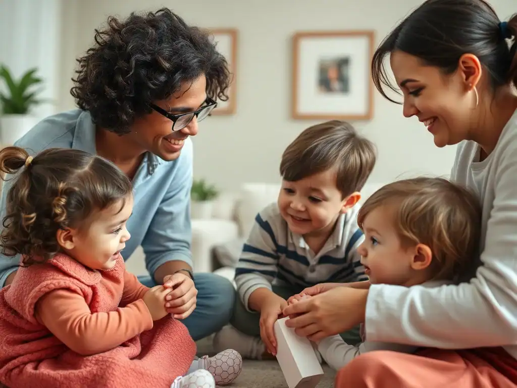 Children laughing and engaging with parents at home.