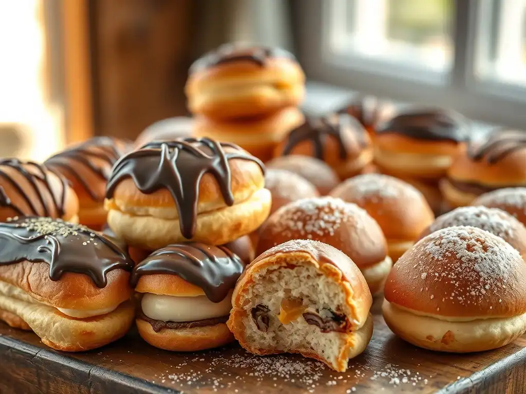 Delicious homemade choux pastry donuts with chocolate and cream fillings, perfect for baking at home.