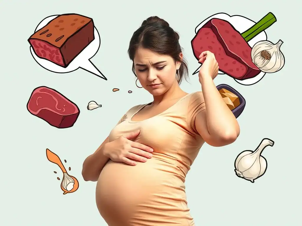Pregnant woman with food odours illustration.