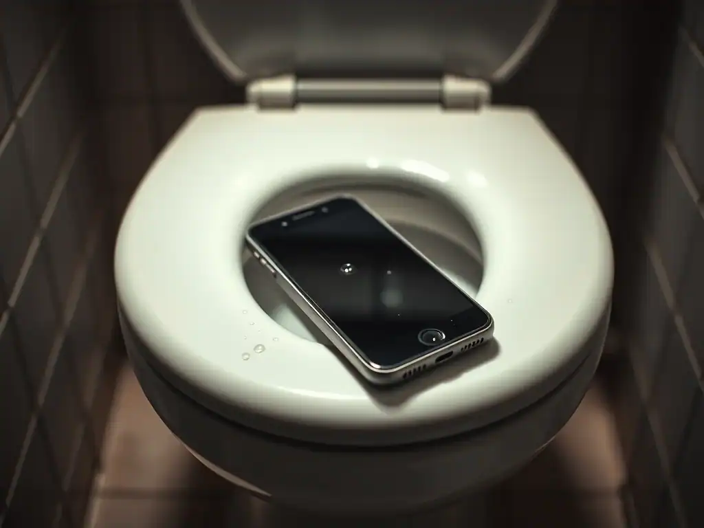 Smartphone on toilet seat illustrating phone use on the toilet.