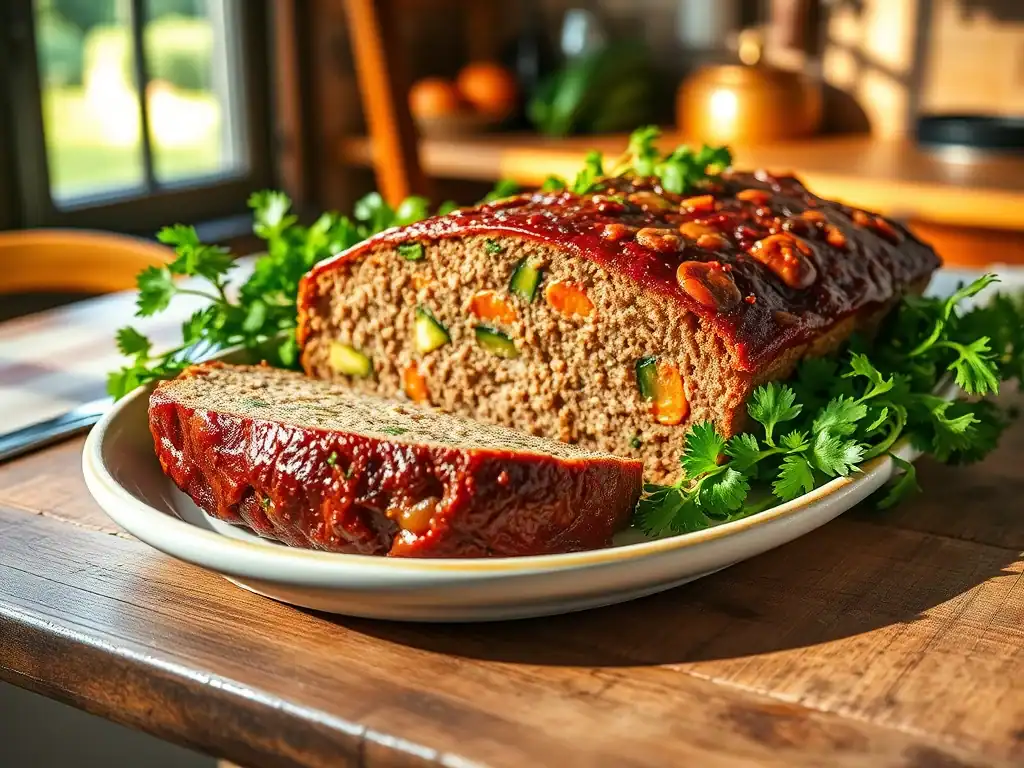 Delicious homemade meatloaf with carrots, zucchini, and a rich tomato glaze, perfect for family dinn.