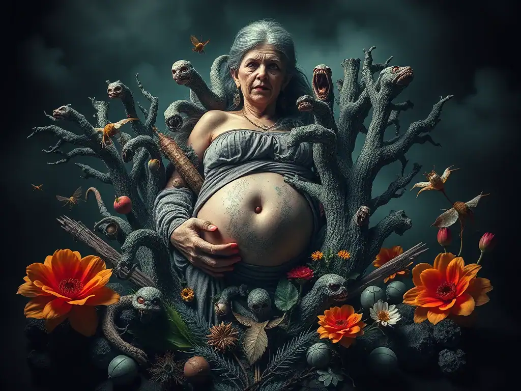 Elderly woman with a surreal, dark fantasy background featuring twisted trees and colorful flowers.