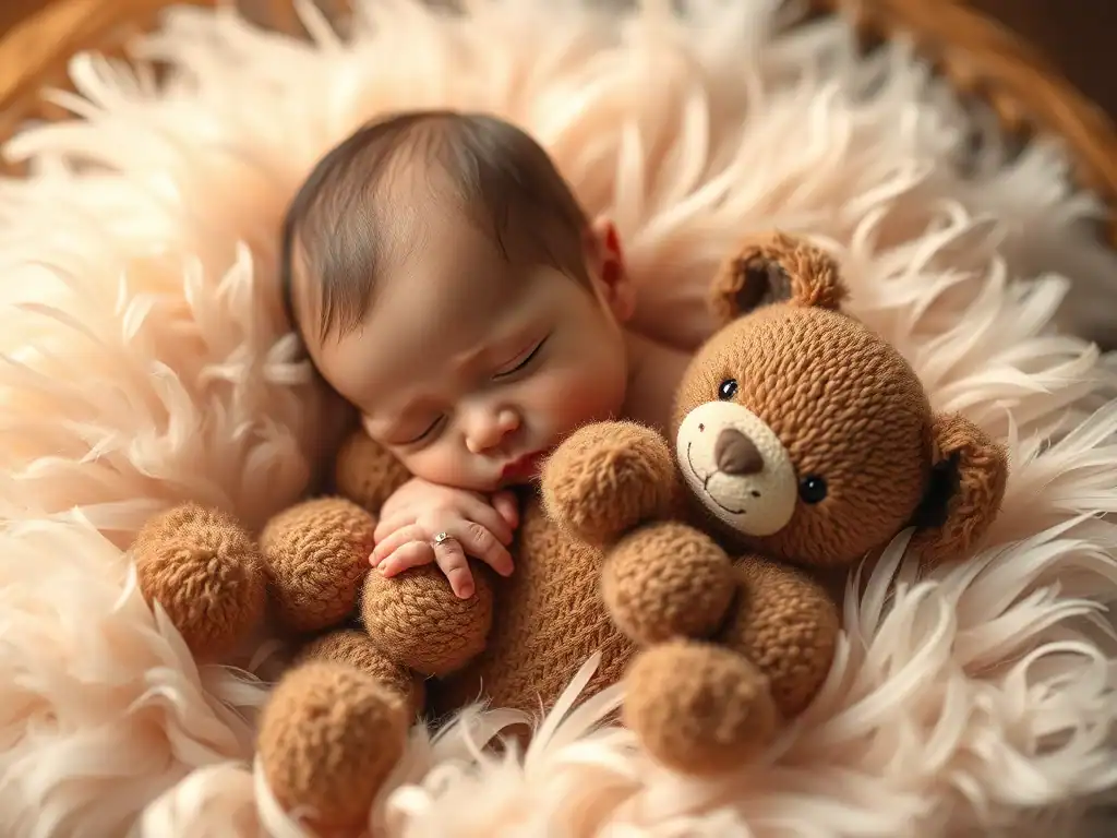 Adorable newborn peacefully sleeping with a plush teddy bear on a soft, fluffy blanket. Perfect for.