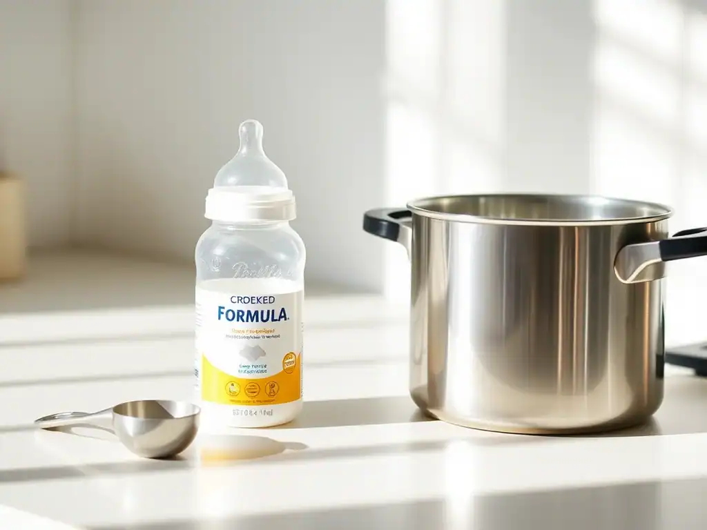 Baby formula bottle, scoop, and pot for preparing and storing baby formula.