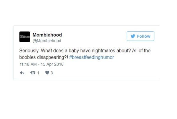 Humorous breastfeeding tweet about baby nightmares and disappearing boobie.