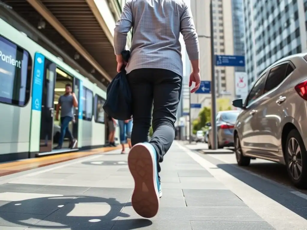 Person walking on city sidewalk with tall buildings and cars around.