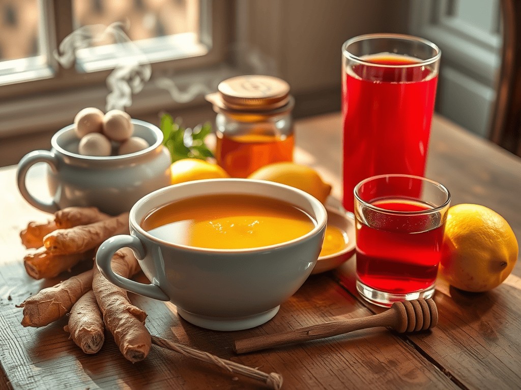 Natural home remedies for cold relief with ginger, lemon, honey, and herbal tea.