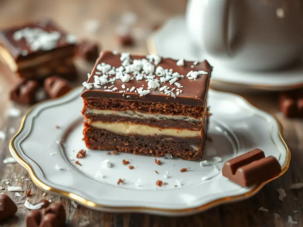 Delicious chocolate biscuit slice with layers of rich chocolate and creamy filling. Perfect for afte.