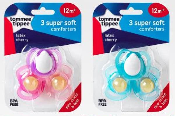 Tommee Tippee baby dummies with choking hazard warning, recall notice.
