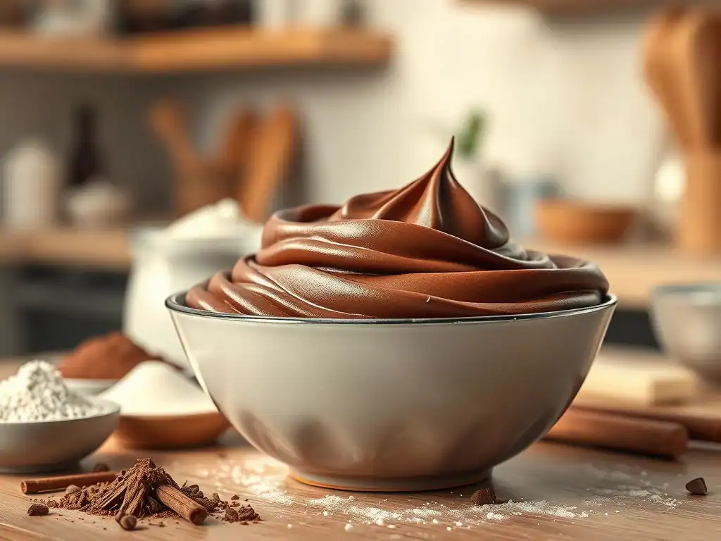 Rich chocolate sour cream frosting in a white bowl.