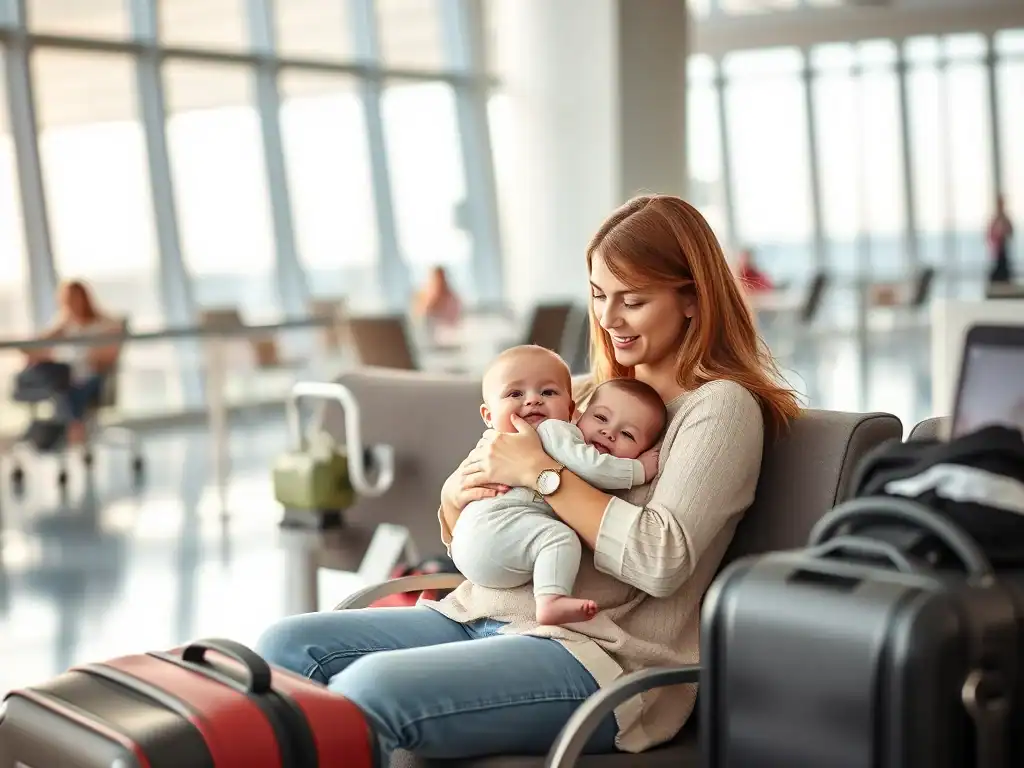 Happy mother with two babies sitting at the airport with luggage, smiling and relaxing.