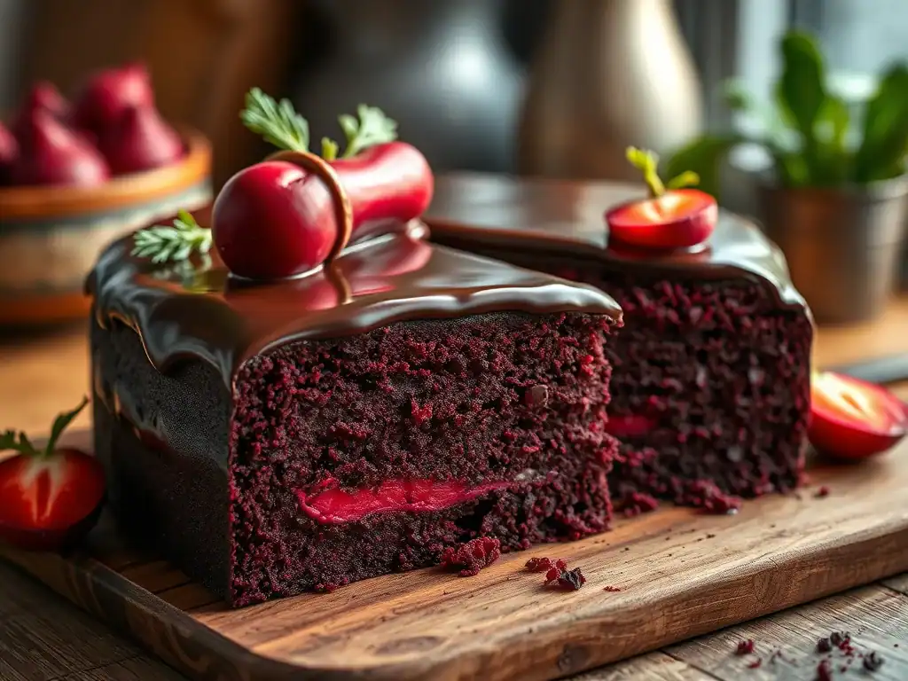 Rich chocolate beetroot cake with vibrant red beetroot layers and glossy chocolate ganache topping.