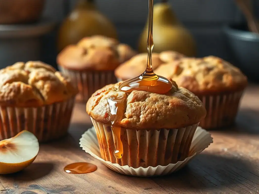 Delicious pear and maple syrup muffins topped with golden syrup, perfect for breakfast or snacks.