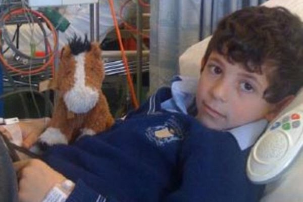 Young boy in hospital bed with medical equipment and a plush horse toy.