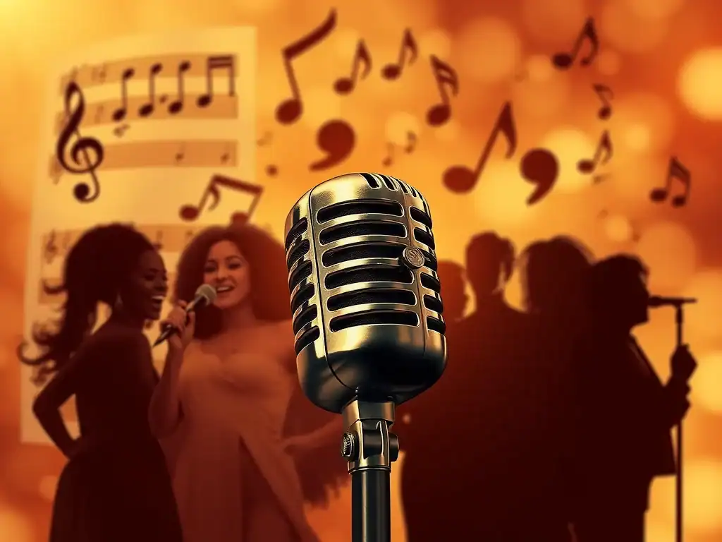 Microphone with singers and musical notes background.