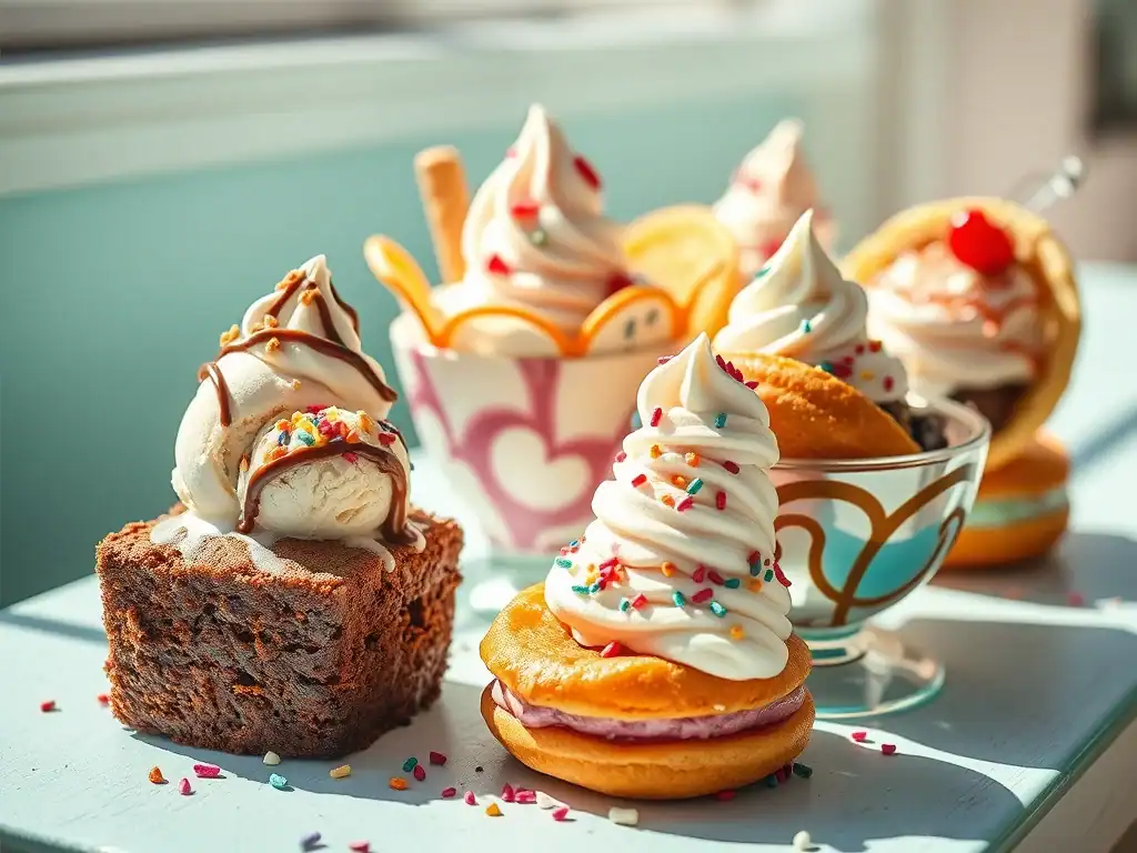 Delicious ice cream desserts with colourful sprinkles and toppings, perfect for hot days.