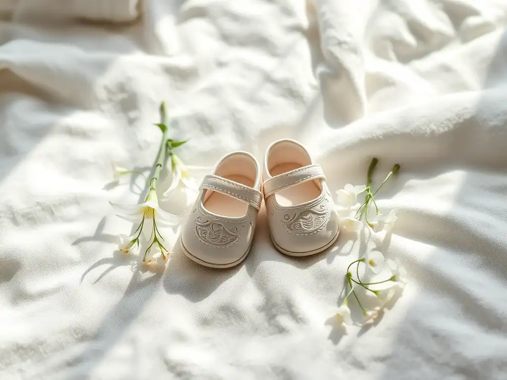 Baby shoes on white fabric with delicate flowers, symbolising hope and new beginnings.