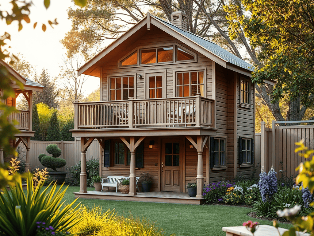 Beautiful wooden cubby house with balcony and large windows.