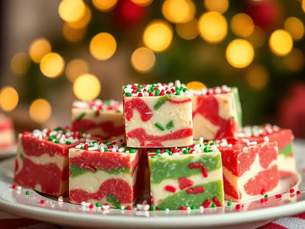 Colourful holiday fudge with red, green, and white swirls and sprinkles.