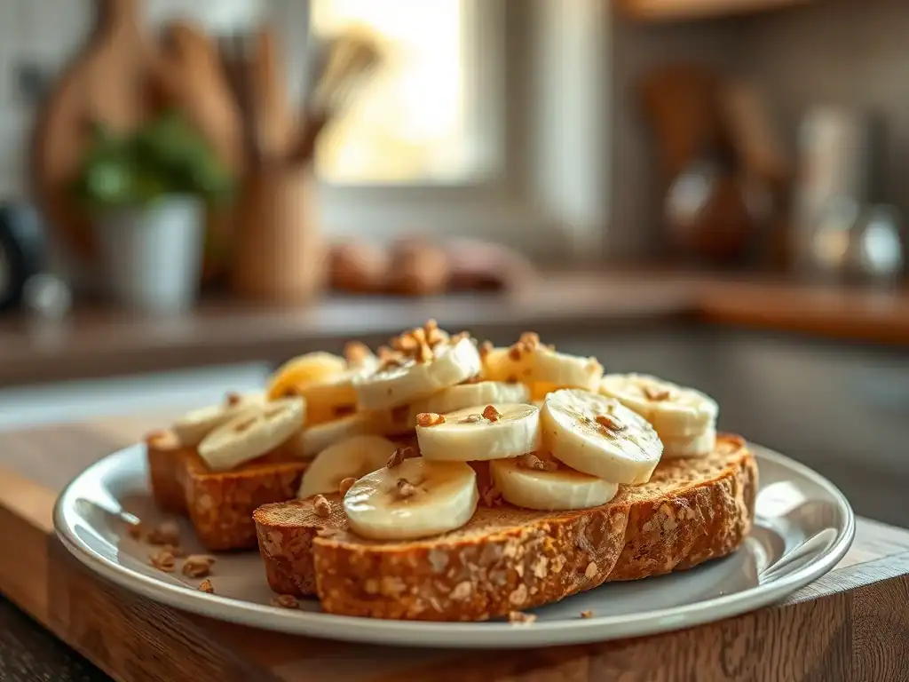 Banana on Toast with Nuts - Healthy Breakfast.