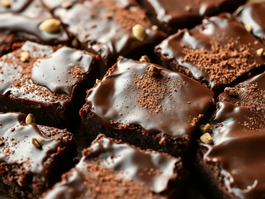 Delicious raw chocolate brownies topped with cocoa powder and nuts, perfect for a healthy treat.
