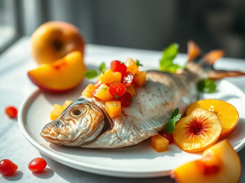 Fresh John Dory fish topped with vibrant nectarine and lychee salsa, garnished with herbs on a white.