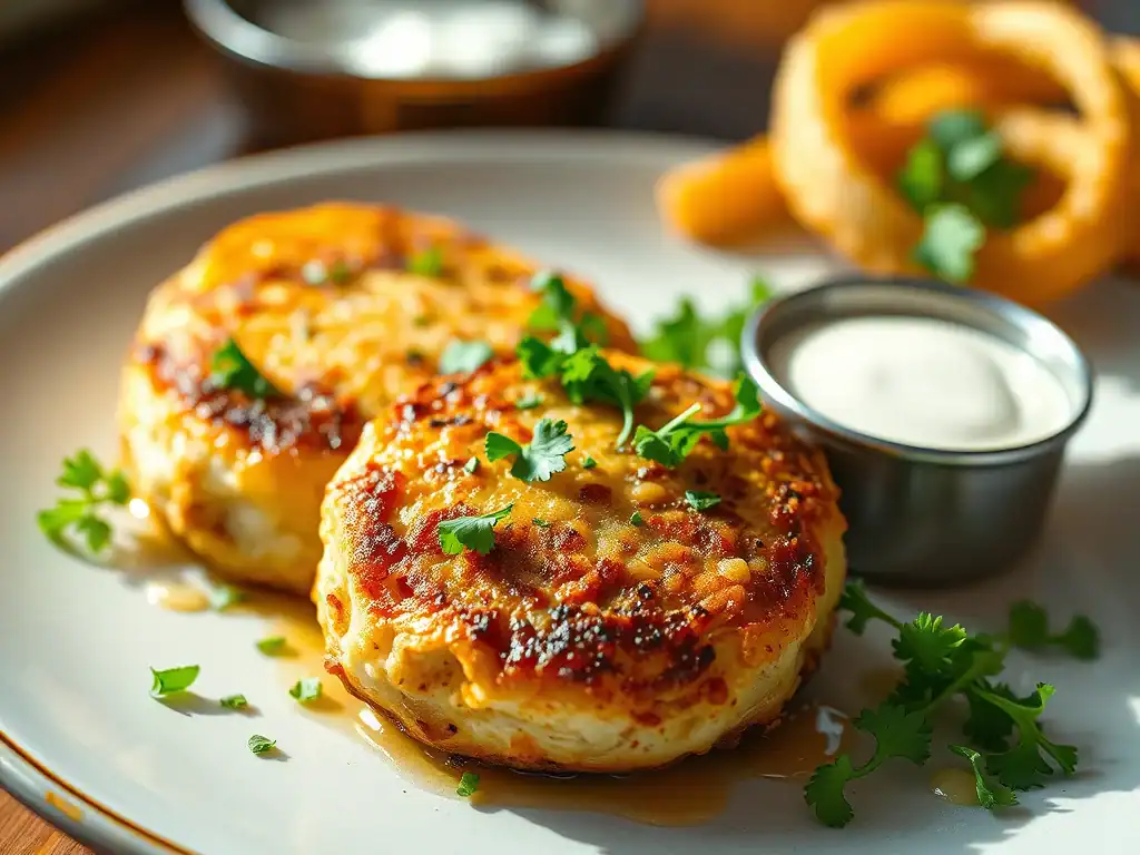 Delicious fish cakes served with fresh herbs and creamy tartar sauce, perfect for a comforting meal.