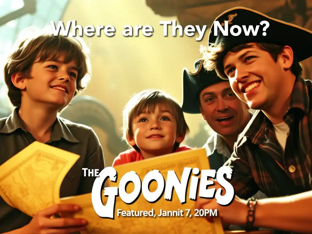 The Goonies cast members smiling in a nostalgic scene.