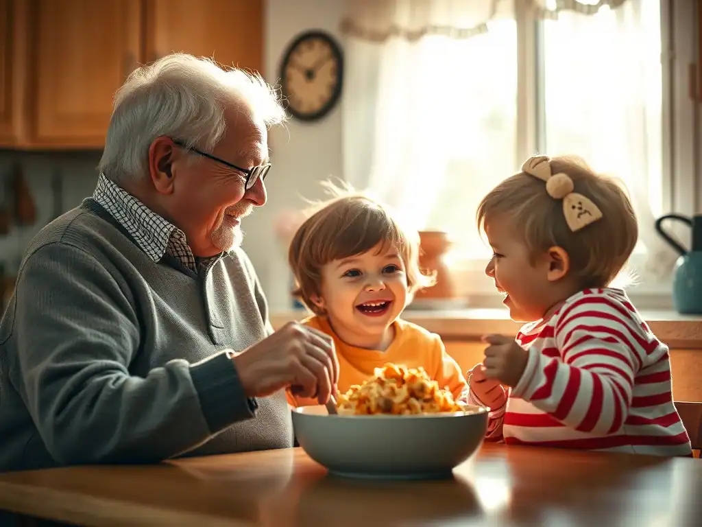 Grandfather enjoying meal with grandchildren at home.