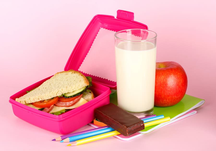 Healthy lunchbox with sandwich, apple, chocolate, and milk for kids' school meals.