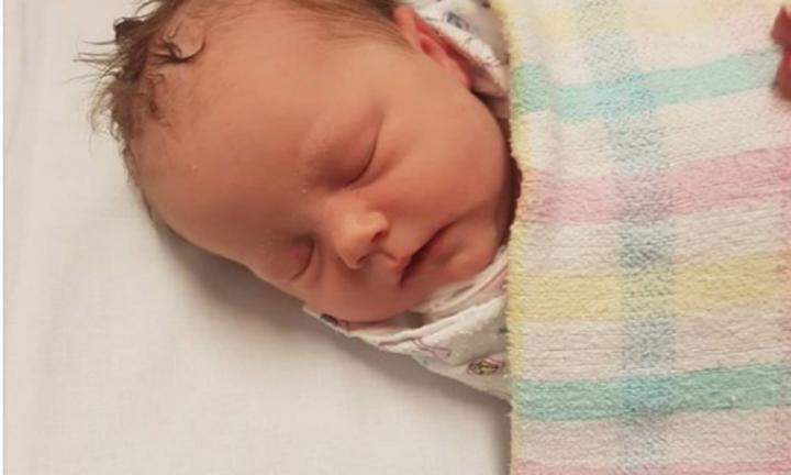 Baby sleeping peacefully in a hospital bassinet.