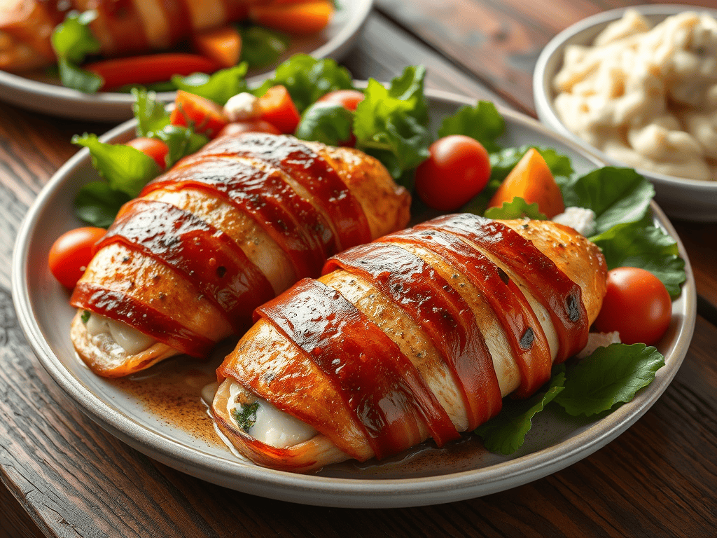 Feta stuffed chicken breasts wrapped in bacon with fresh salad and cherry tomatoes.