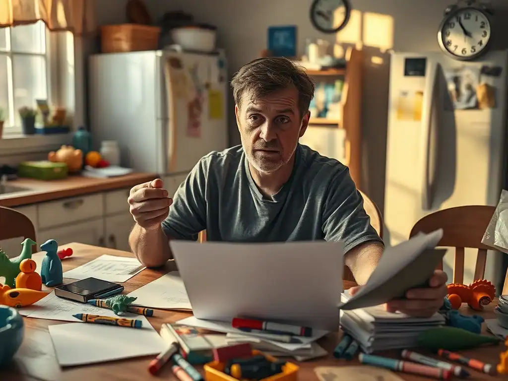 Father doing homework with children at home, kitchen background.